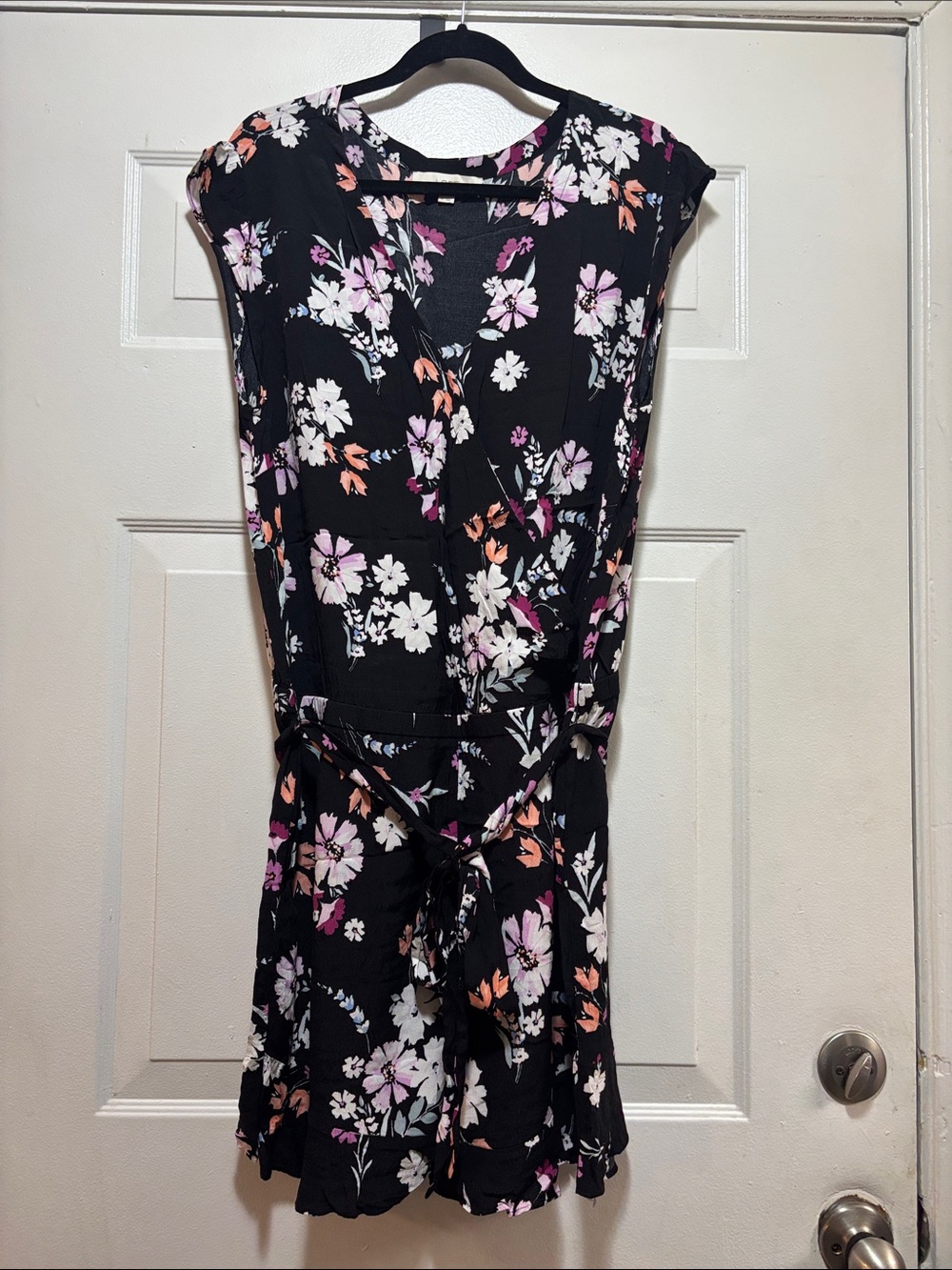 LOFT Black Floral Wrap Romper with Pink, White & Peach Blooms